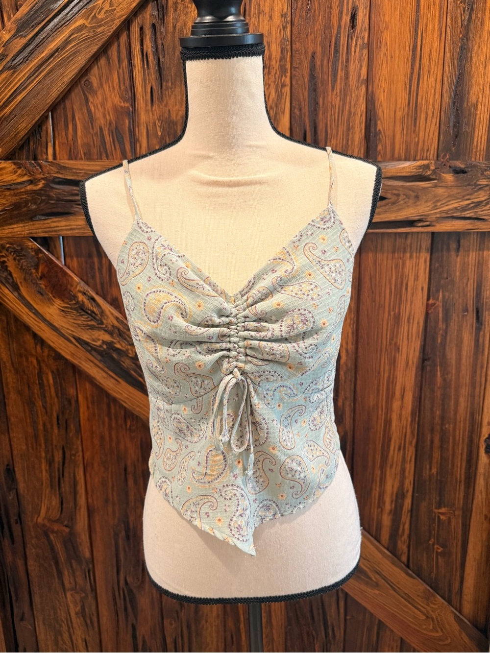 Paisley Ruched Spaghetti-Strap Cami Top - Light Sage